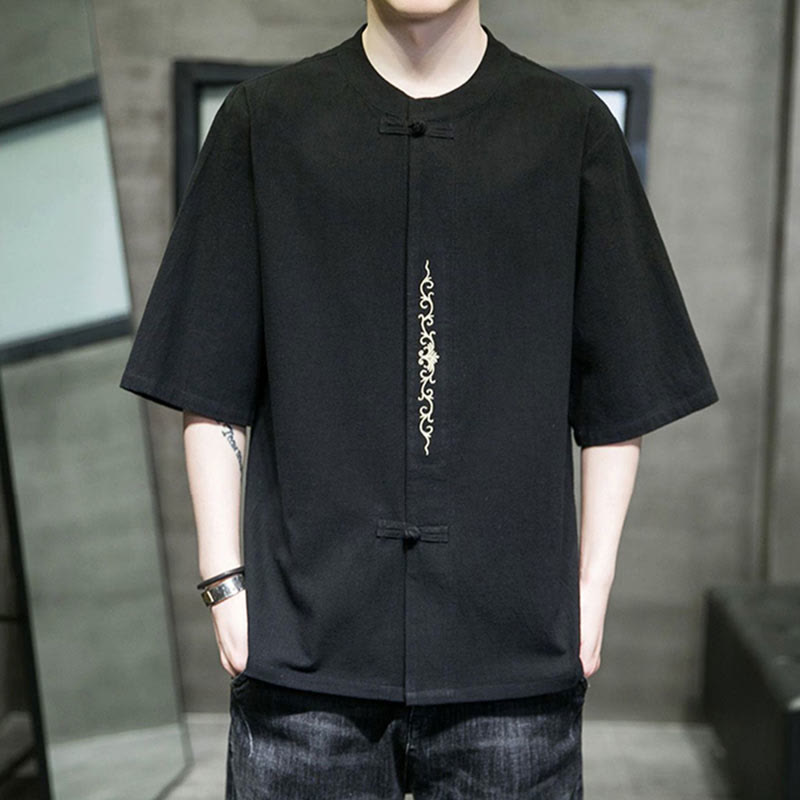Plain Color Frog-Button Embroidery Men's Half Sleeve Cotton Shirt