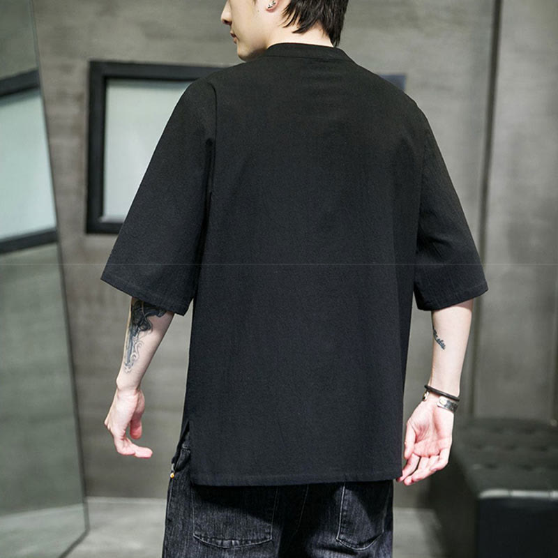 Plain Color Frog-Button Embroidery Men's Half Sleeve Cotton Shirt