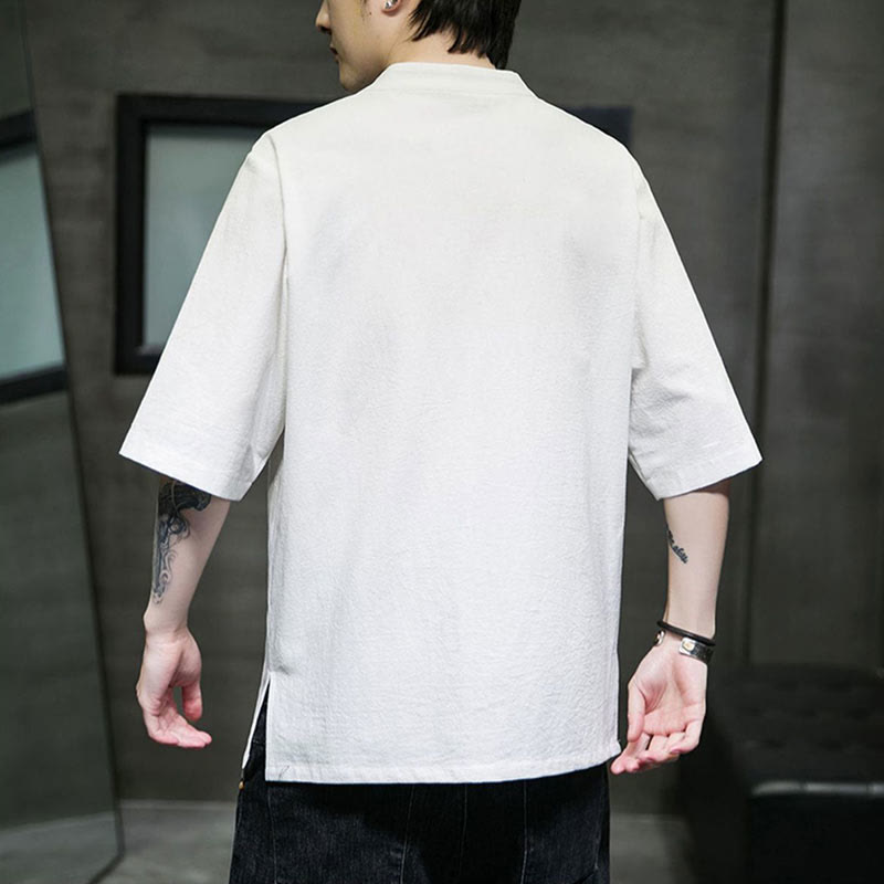 Plain Color Frog-Button Embroidery Men's Half Sleeve Cotton Shirt
