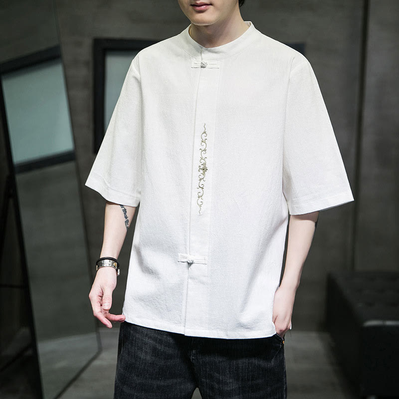 Plain Color Frog-Button Embroidery Men's Half Sleeve Cotton Shirt