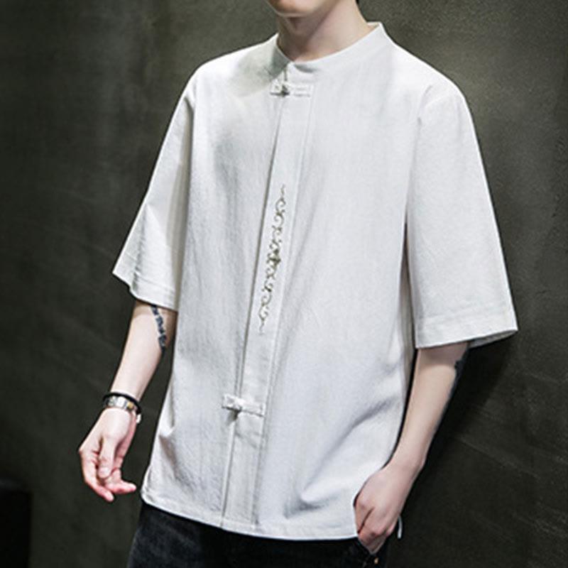 Plain Color Frog-Button Embroidery Men's Half Sleeve Cotton Shirt