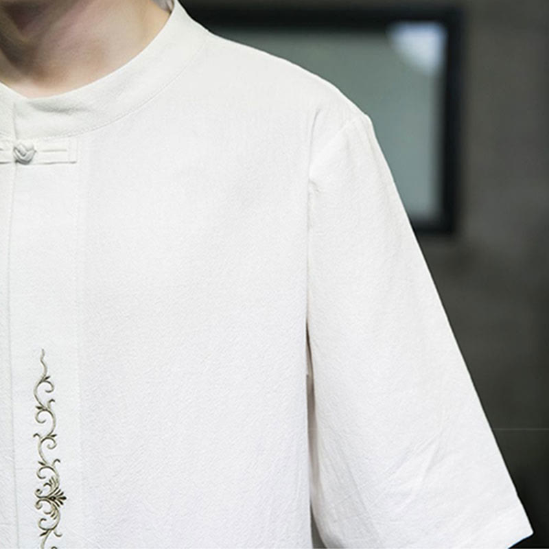 Plain Color Frog-Button Embroidery Men's Half Sleeve Cotton Shirt