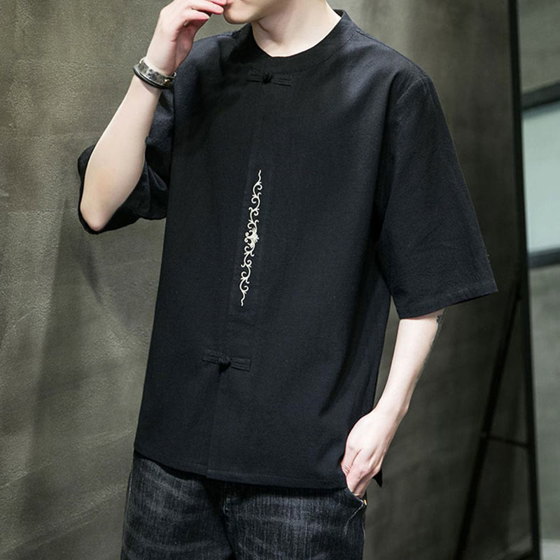 Plain Color Frog-Button Embroidery Men's Half Sleeve Cotton Shirt