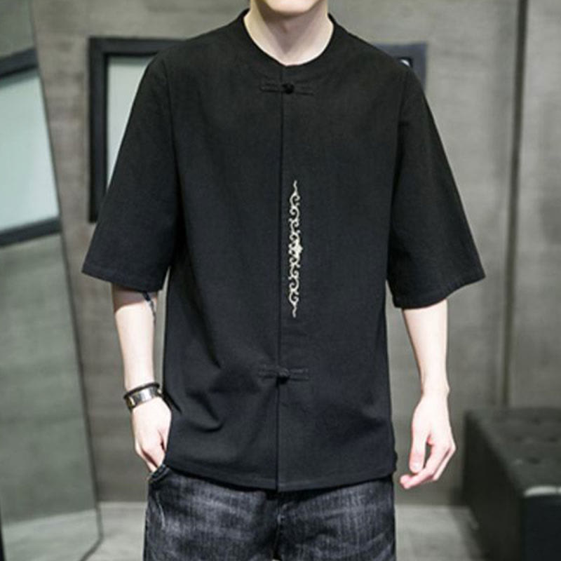 Plain Color Frog-Button Embroidery Men's Half Sleeve Cotton Shirt