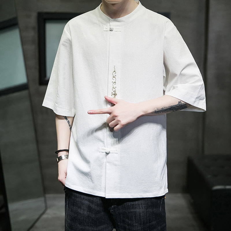 Plain Color Frog-Button Embroidery Men's Half Sleeve Cotton Shirt