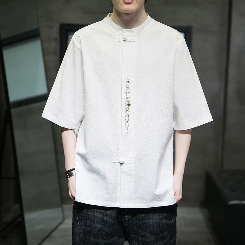 Plain Color Frog-Button Embroidery Men's Half Sleeve Cotton Shirt