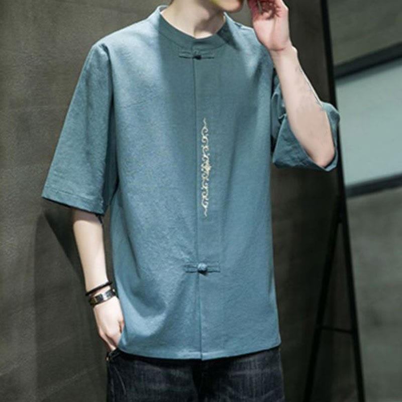 Plain Color Frog-Button Embroidery Men's Half Sleeve Cotton Shirt