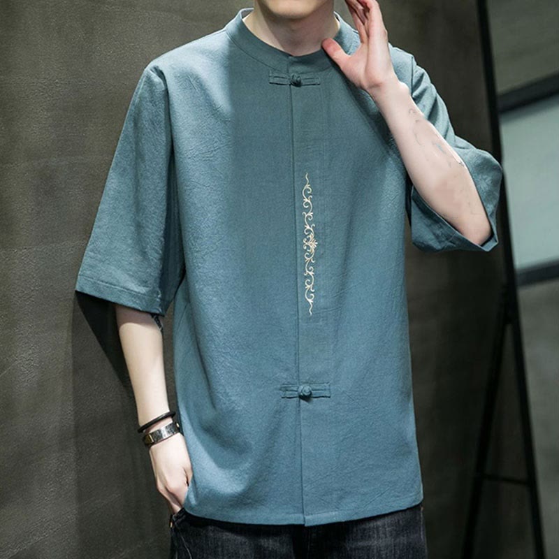 Plain Color Frog-Button Embroidery Men's Half Sleeve Cotton Shirt