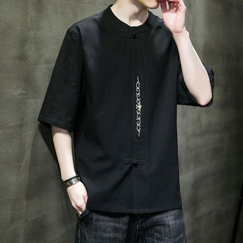 Plain Color Frog-Button Embroidery Men's Half Sleeve Cotton Shirt