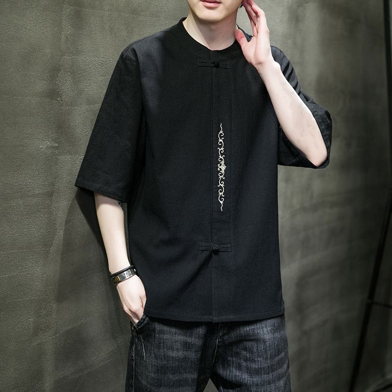 Plain Color Frog-Button Embroidery Men's Half Sleeve Cotton Shirt