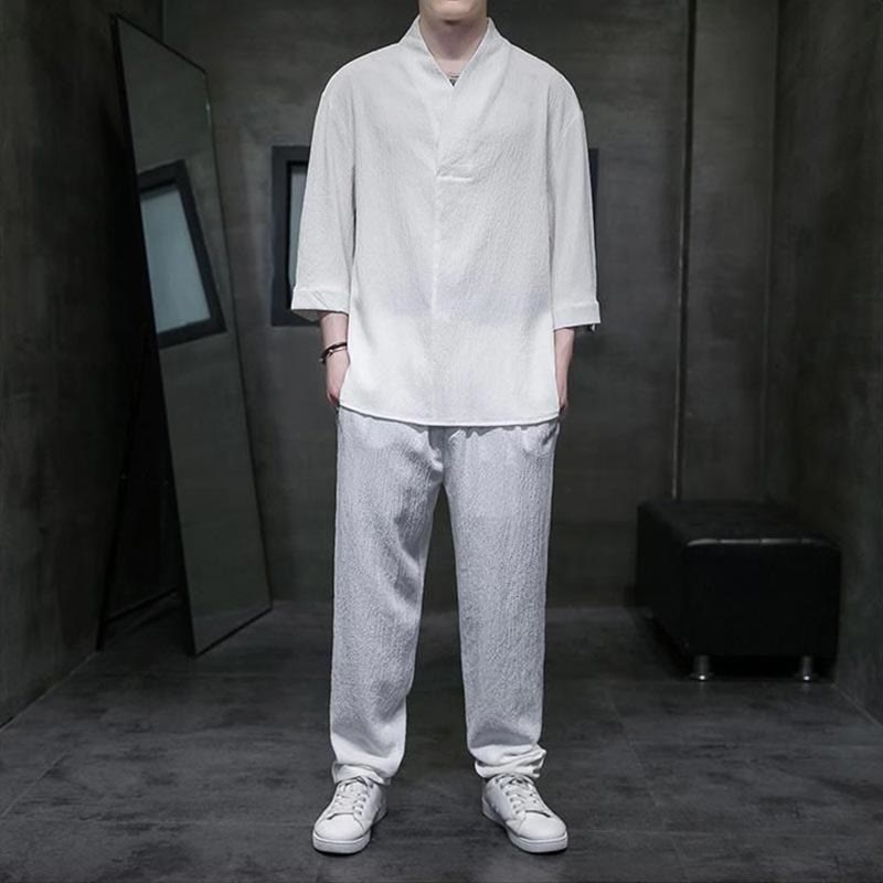 Solid Color Three Quarter Sleeve Shirt Casual Pants Clothing Men's Set