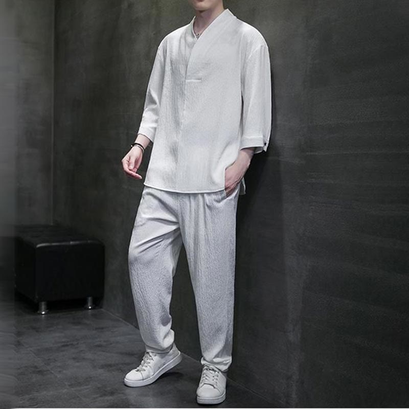 Solid Color Three Quarter Sleeve Shirt Casual Pants Clothing Men's Set