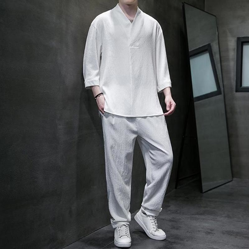 Solid Color Three Quarter Sleeve Shirt Casual Pants Clothing Men's Set