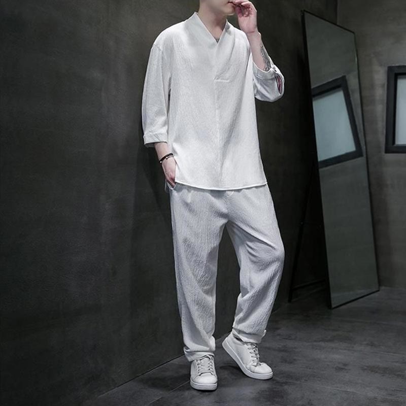 Solid Color Three Quarter Sleeve Shirt Casual Pants Clothing Men's Set