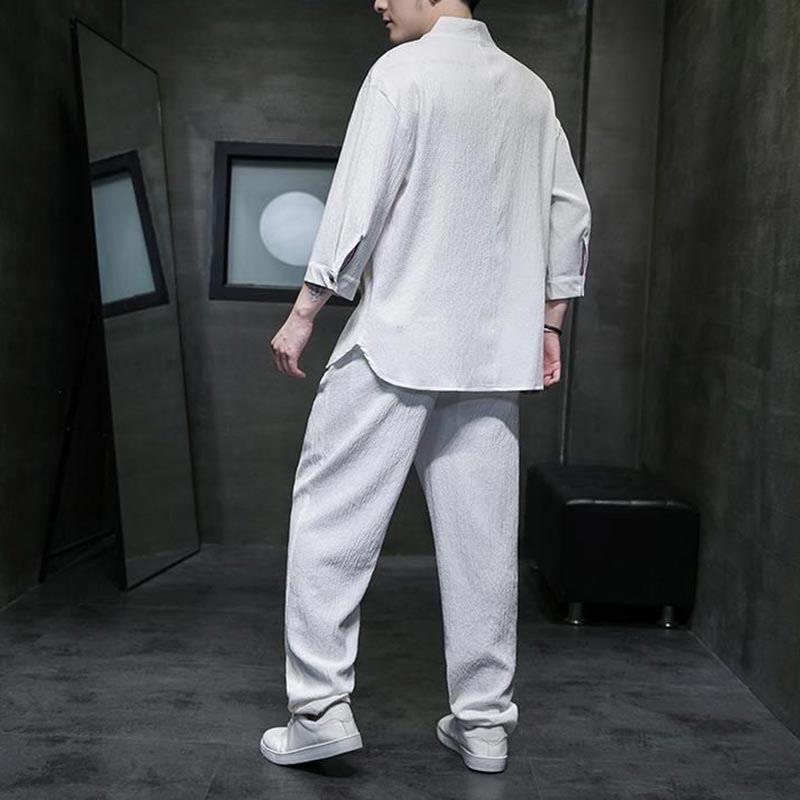 Solid Color Three Quarter Sleeve Shirt Casual Pants Clothing Men's Set