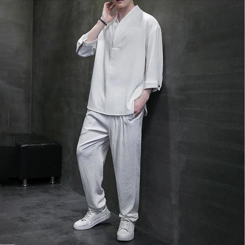 Solid Color Three Quarter Sleeve Shirt Casual Pants Clothing Men's Set