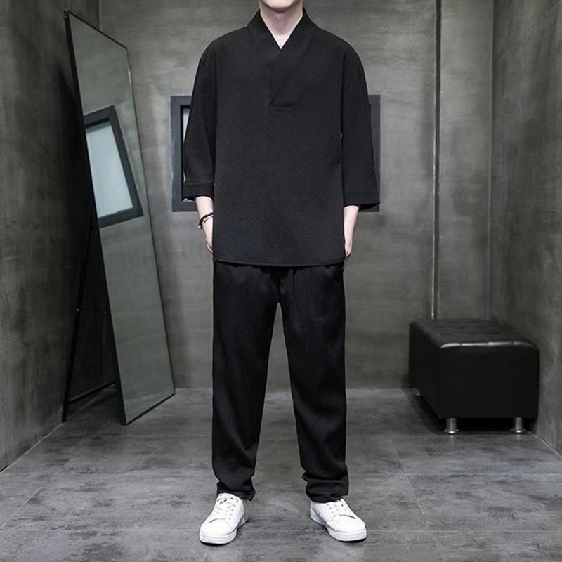 Solid Color Three Quarter Sleeve Shirt Casual Pants Clothing Men's Set