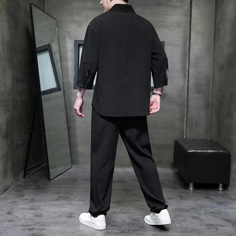 Solid Color Three Quarter Sleeve Shirt Casual Pants Clothing Men's Set