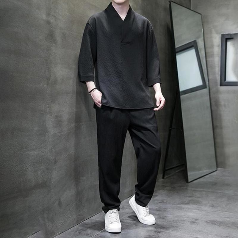 Solid Color Three Quarter Sleeve Shirt Casual Pants Clothing Men's Set