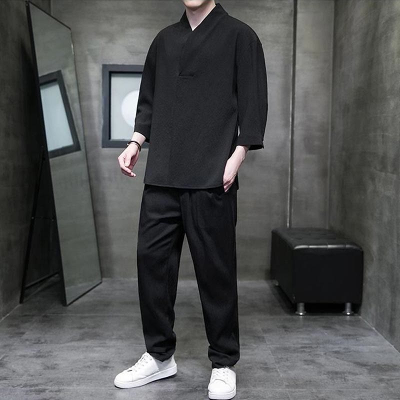 Solid Color Three Quarter Sleeve Shirt Casual Pants Clothing Men's Set