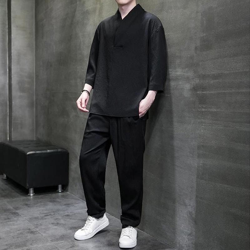 Solid Color Three Quarter Sleeve Shirt Casual Pants Clothing Men's Set
