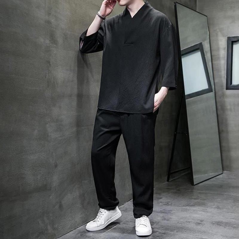 Solid Color Three Quarter Sleeve Shirt Casual Pants Clothing Men's Set