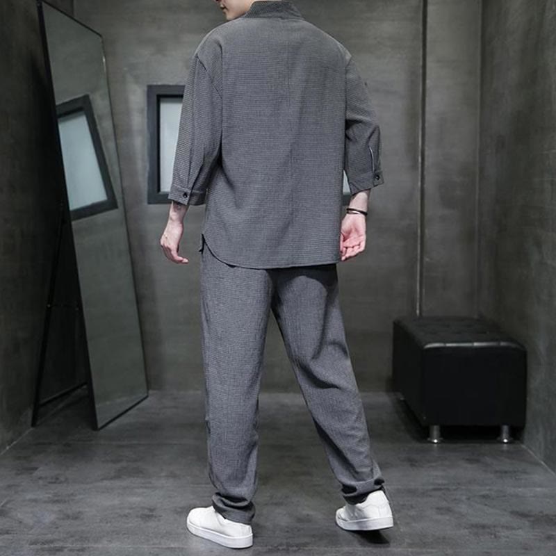 Solid Color Three Quarter Sleeve Shirt Casual Pants Clothing Men's Set