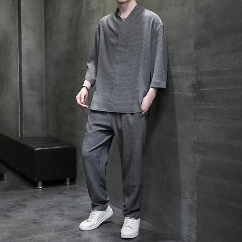 Solid Color Three Quarter Sleeve Shirt Casual Pants Clothing Men's Set