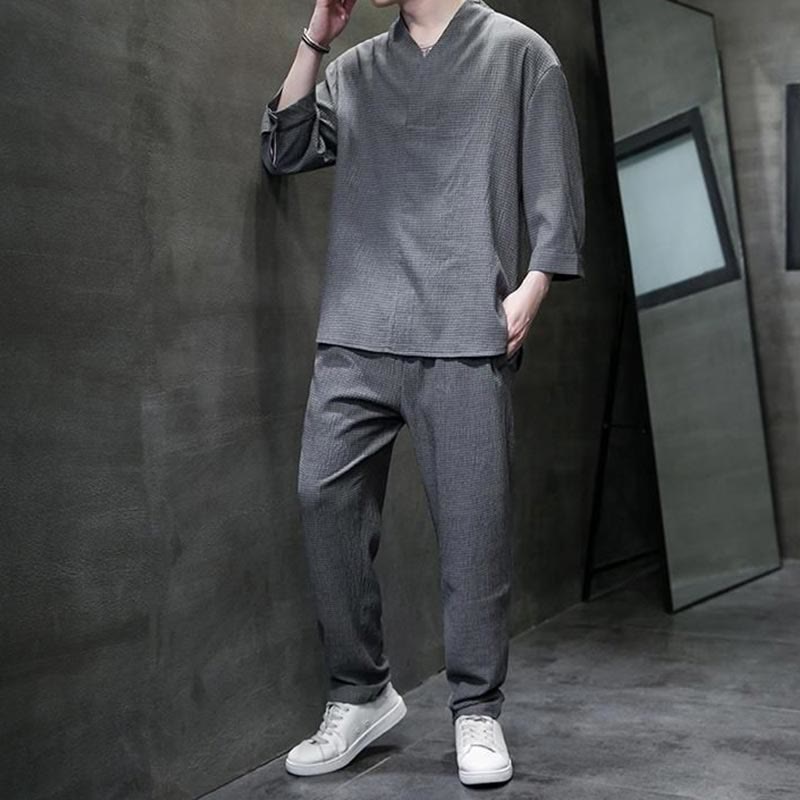 Solid Color Three Quarter Sleeve Shirt Casual Pants Clothing Men's Set