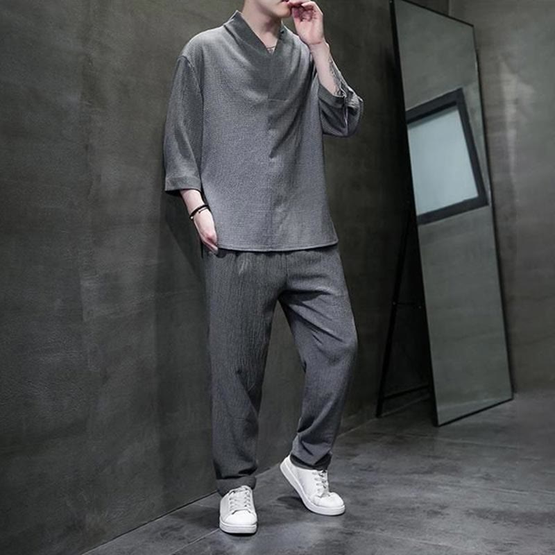 Solid Color Three Quarter Sleeve Shirt Casual Pants Clothing Men's Set
