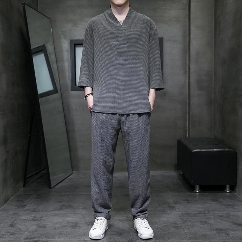 Solid Color Three Quarter Sleeve Shirt Casual Pants Clothing Men's Set