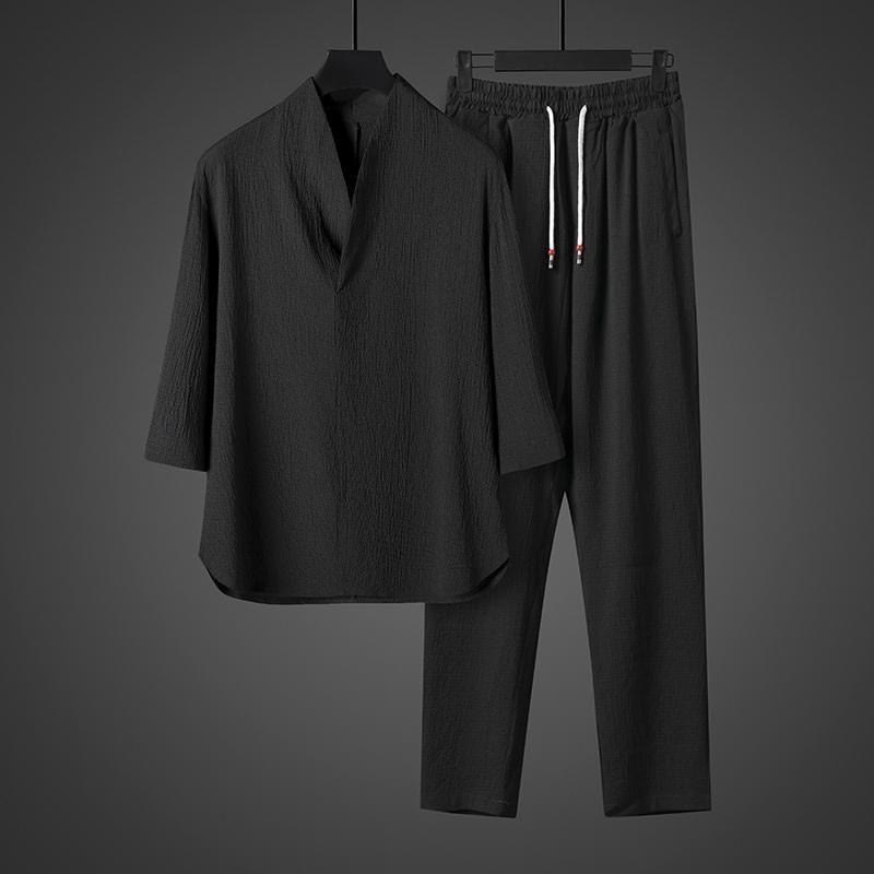 Solid Color Three Quarter Sleeve Shirt Casual Pants Clothing Men's Set