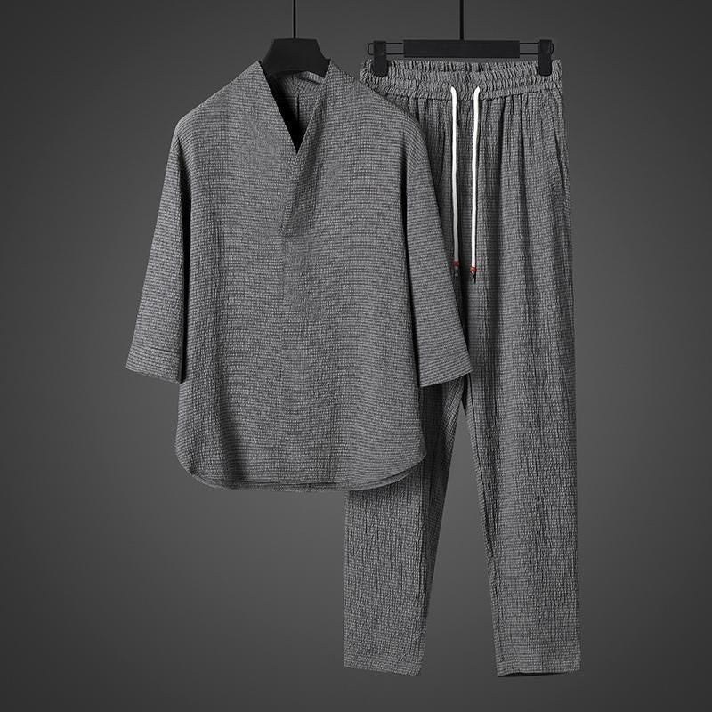 Solid Color Three Quarter Sleeve Shirt Casual Pants Clothing Men's Set