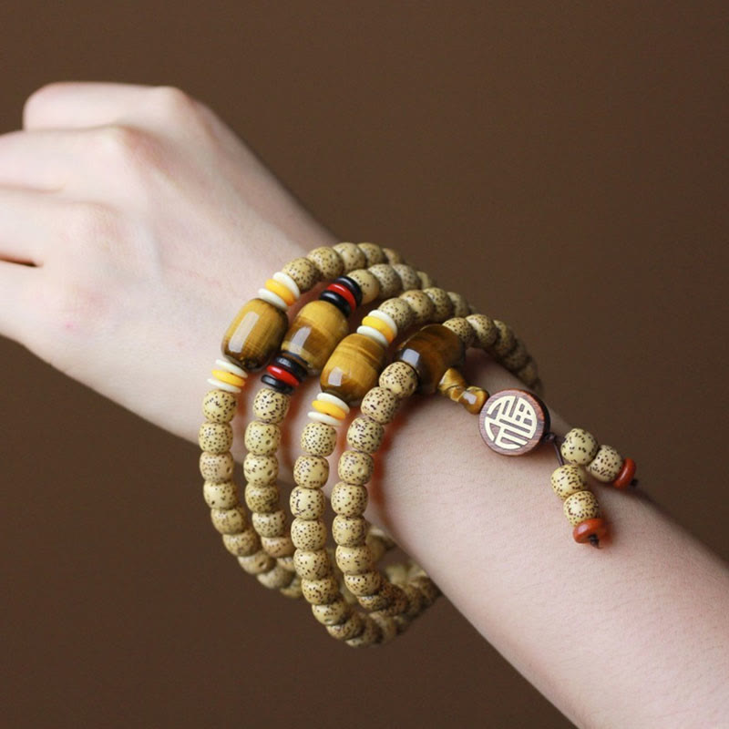 108 Mala Beads Bodhi Seed and Tiger's Eye Fu Character Meditation Bracelet