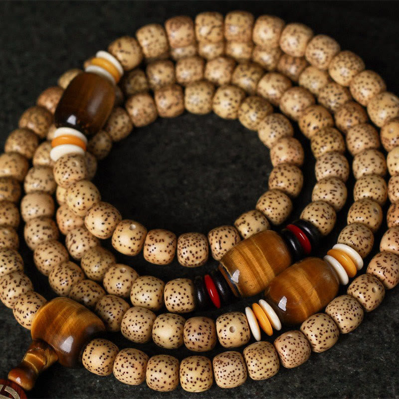 108 Mala Beads Bodhi Seed and Tiger's Eye Fu Character Meditation Bracelet