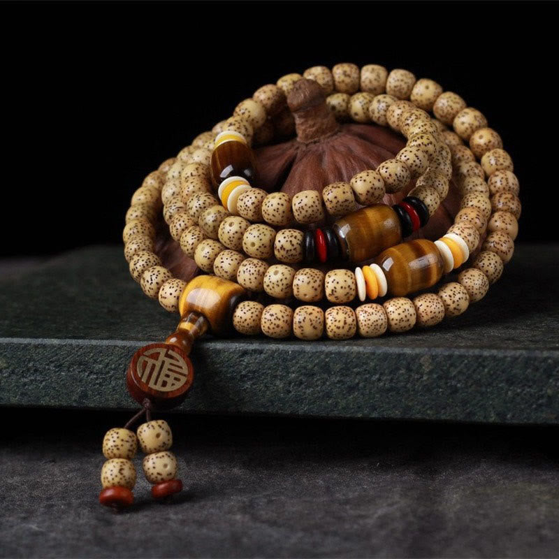 108 Mala Beads Bodhi Seed and Tiger's Eye Fu Character Meditation Bracelet