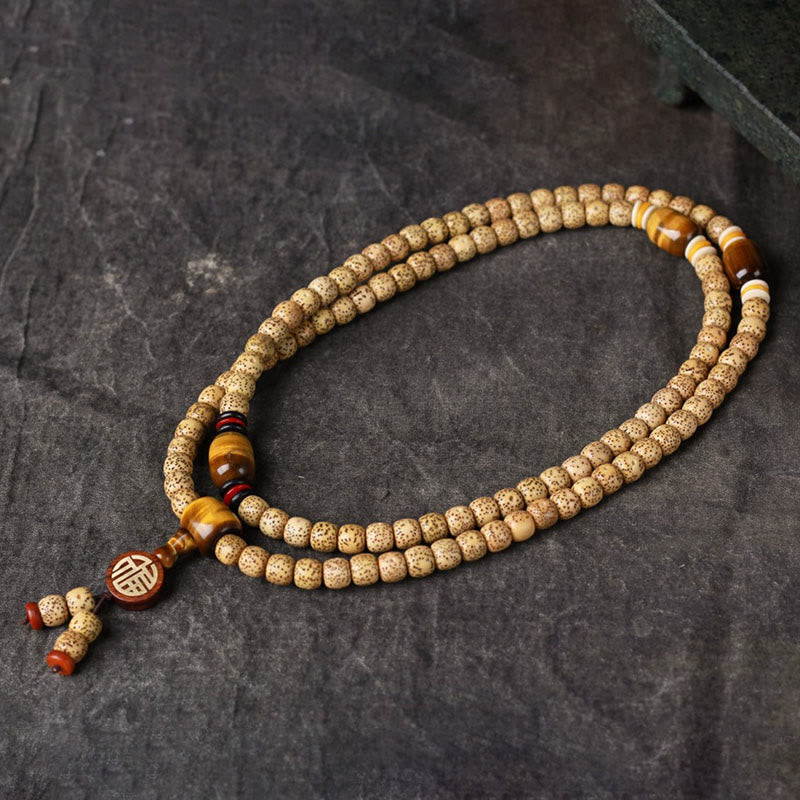108 Mala Beads Bodhi Seed and Tiger's Eye Fu Character Meditation Bracelet