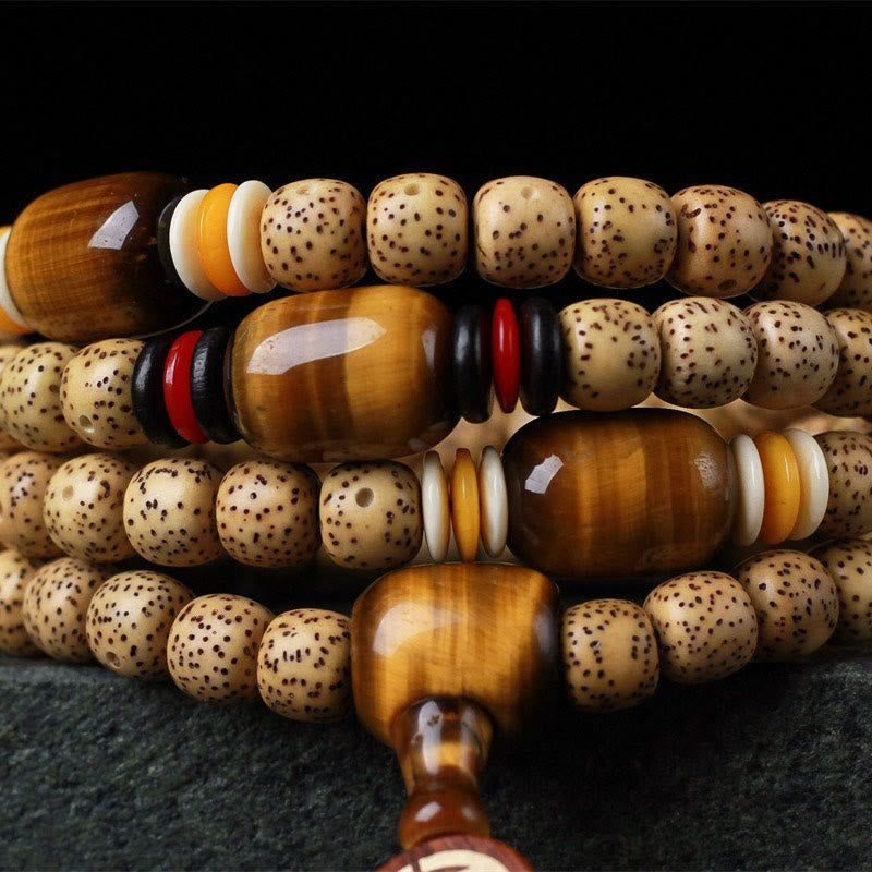 108 Mala Beads Bodhi Seed and Tiger's Eye Fu Character Meditation Bracelet