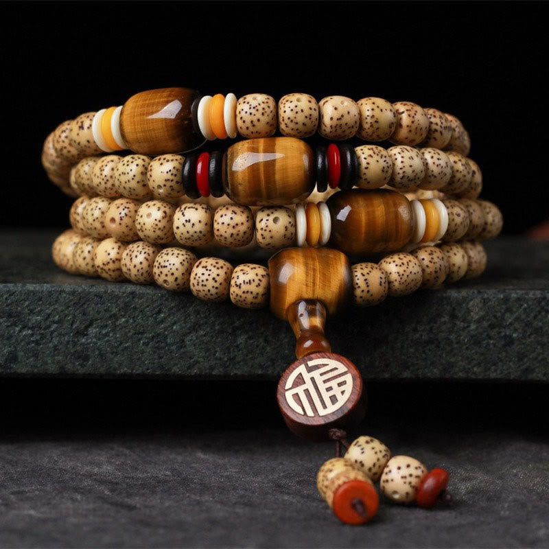 108 Mala Beads Bodhi Seed and Tiger's Eye Fu Character Meditation Bracelet