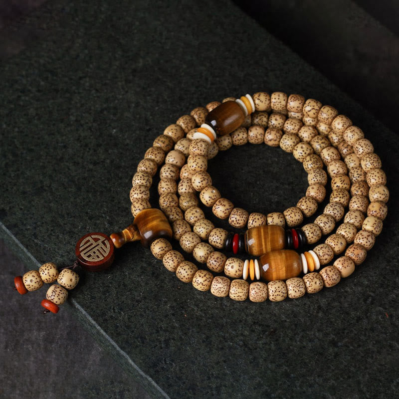 108 Mala Beads Bodhi Seed and Tiger's Eye Fu Character Meditation Bracelet