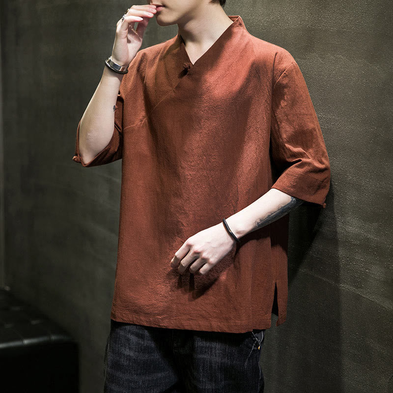 V-Neck Plain Men's Half Sleeve Cotton Shirt