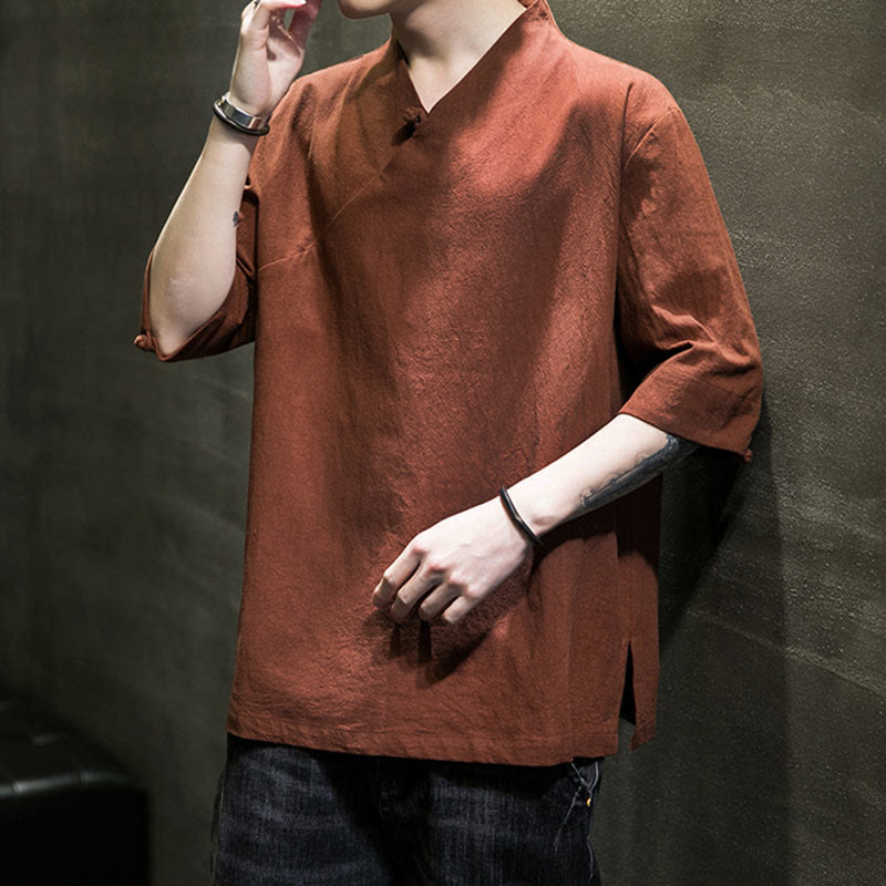 V-Neck Plain Men's Half Sleeve Cotton Shirt