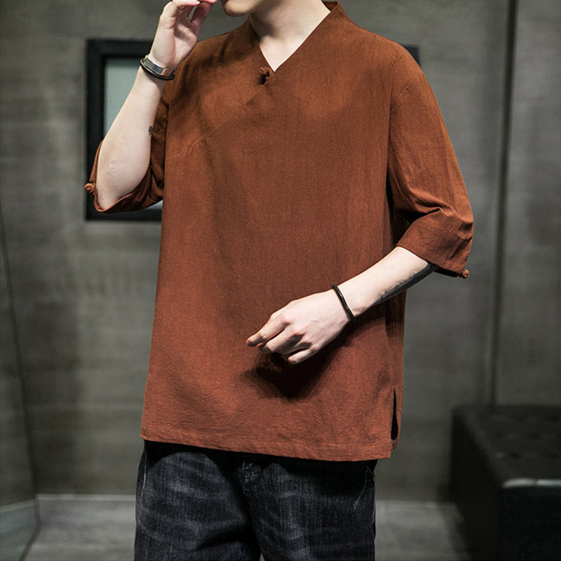 V-Neck Plain Men's Half Sleeve Cotton Shirt