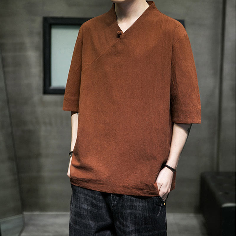 V-Neck Plain Men's Half Sleeve Cotton Shirt