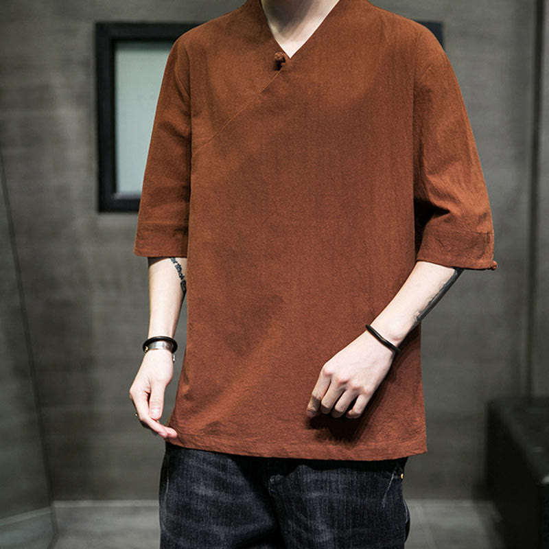 V-Neck Plain Men's Half Sleeve Cotton Shirt