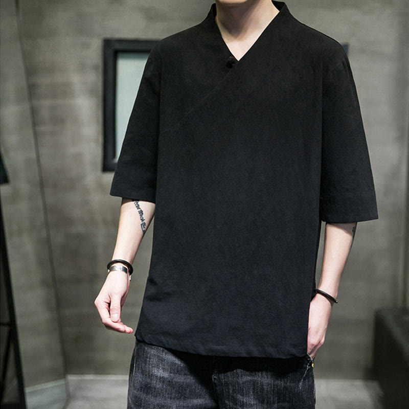 V-Neck Plain Men's Half Sleeve Cotton Shirt