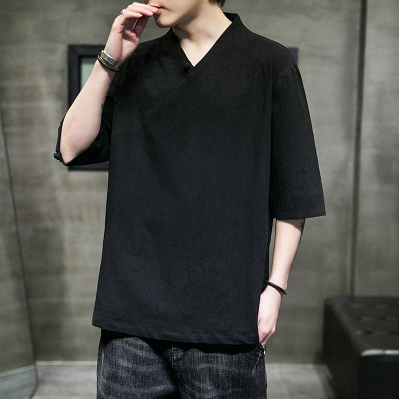 V-Neck Plain Men's Half Sleeve Cotton Shirt