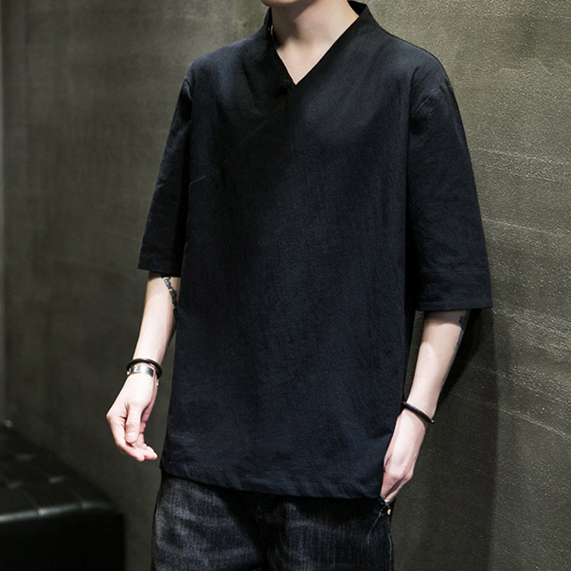 V-Neck Plain Men's Half Sleeve Cotton Shirt