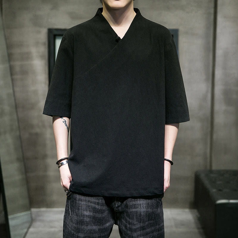 V-Neck Plain Men's Half Sleeve Cotton Shirt