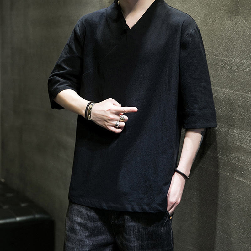 V-Neck Plain Men's Half Sleeve Cotton Shirt